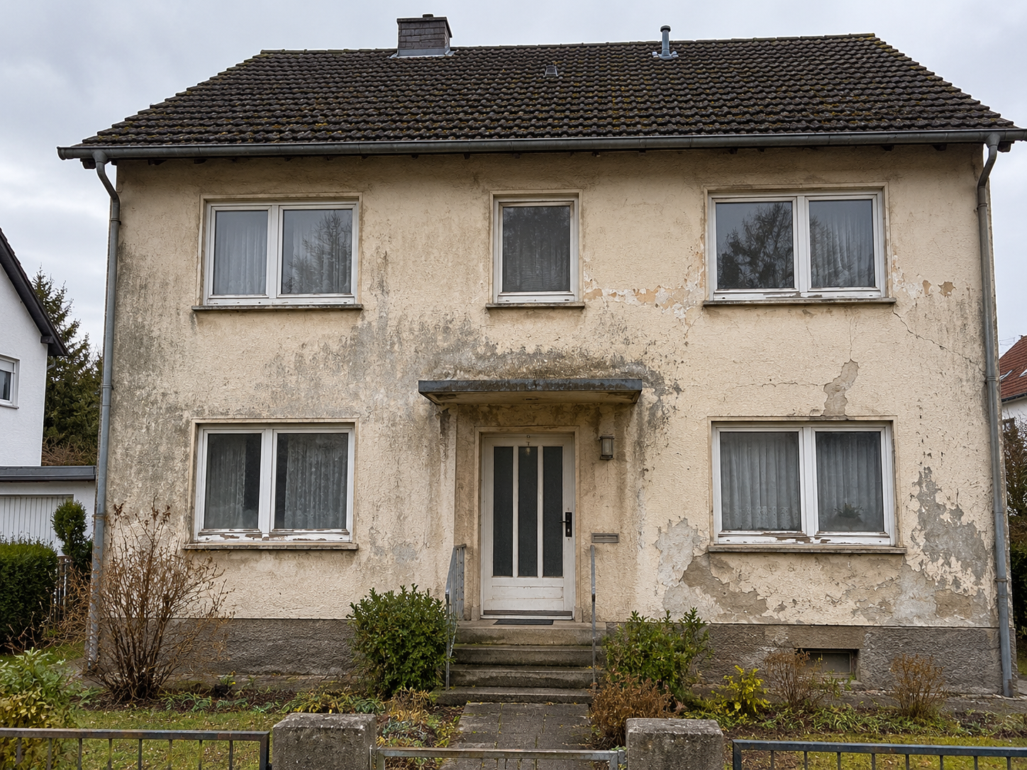 Fassade vor der Sanierung mit Rissen und Verschmutzung