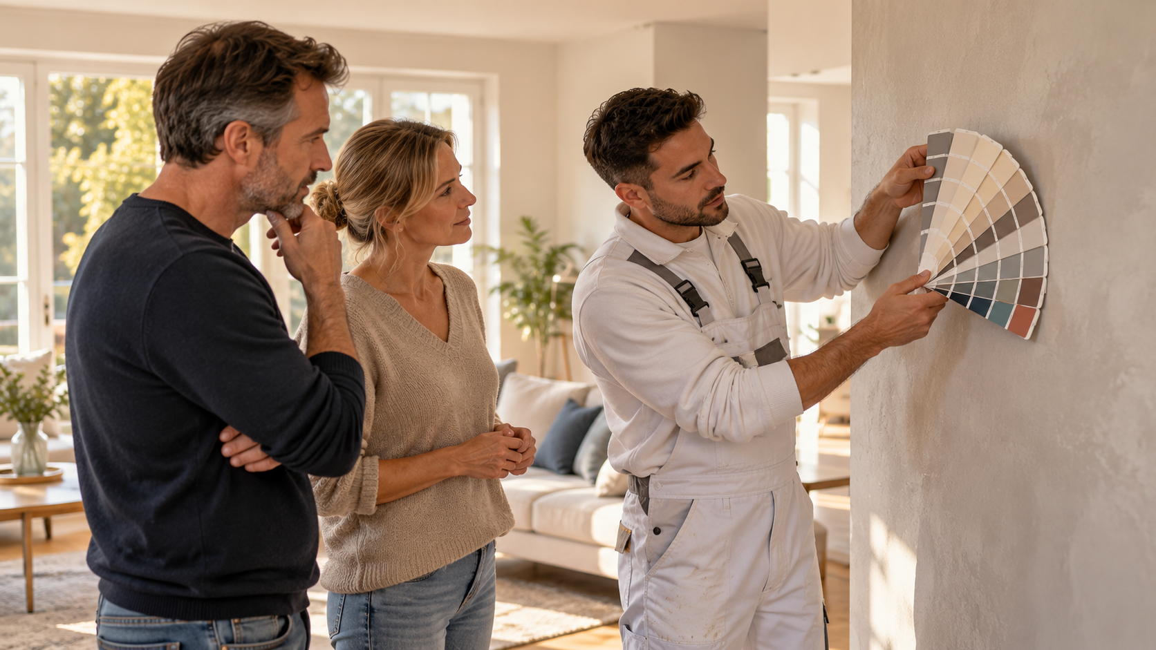 Malermeister berät Kunden mit Farbfächer&nbsp;– Service von Oskar Seus Würzburg