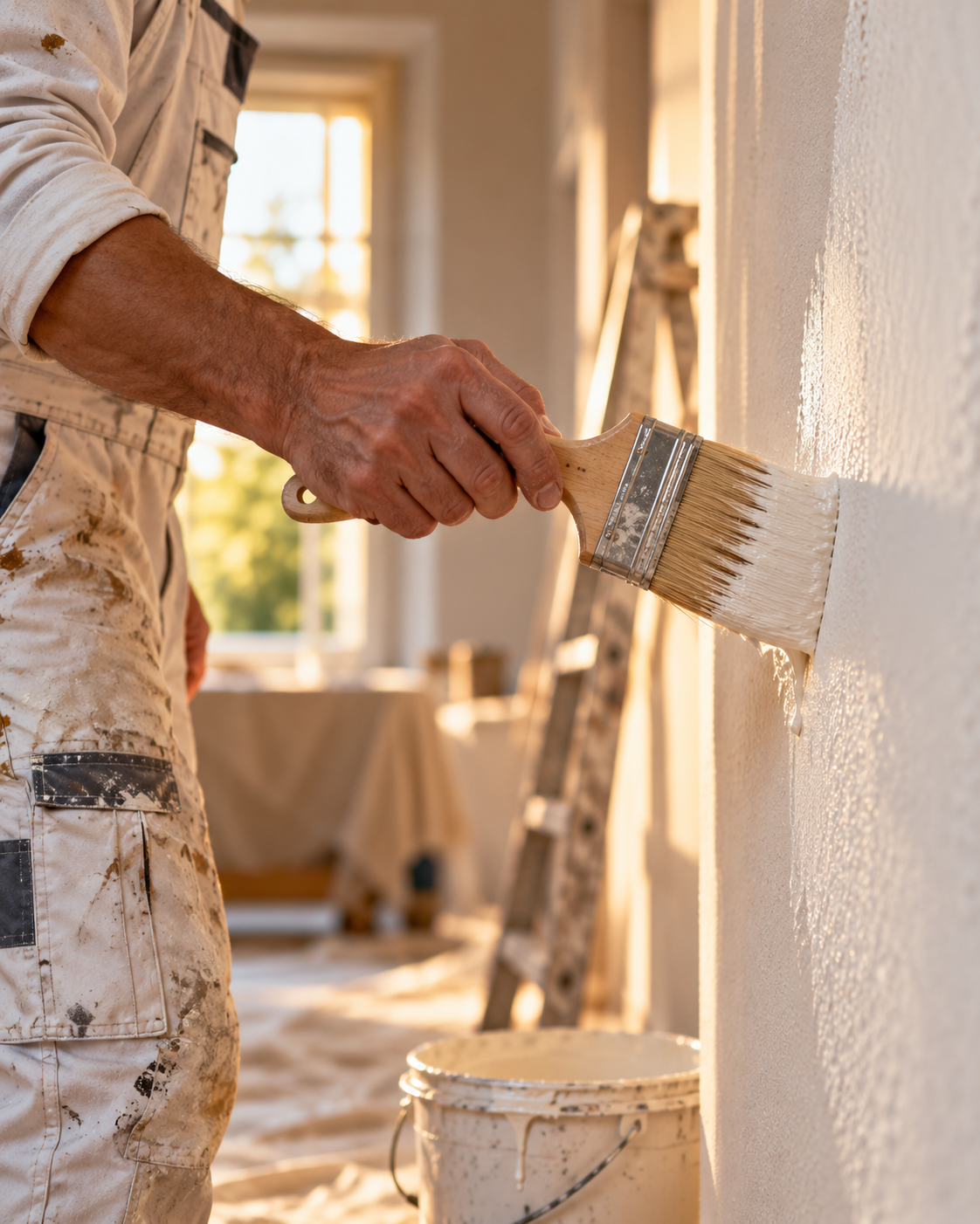 Malermeister streicht Wand mit Pinsel&nbsp;– Handwerksqualität vom Malerbetrieb Oskar Seus Würzburg