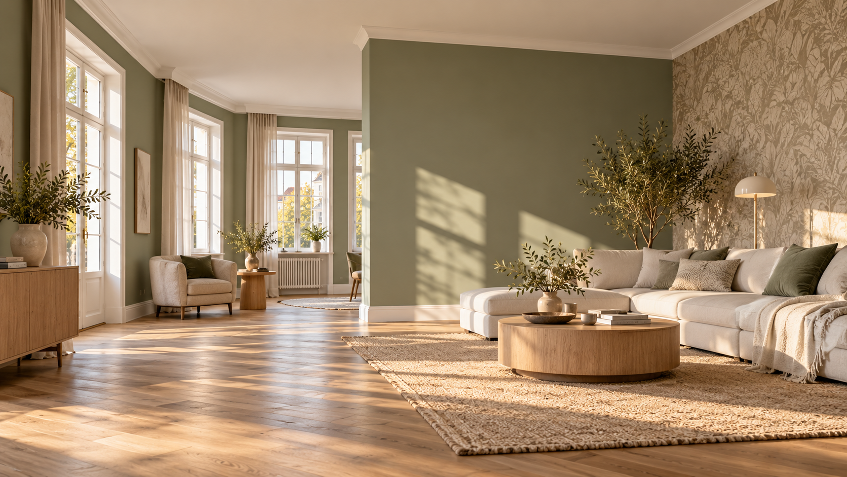 Frisch gestrichenes Wohnzimmer mit Designtapete&nbsp;– Malerarbeiten innen in Würzburg